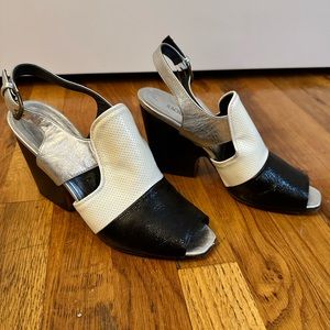 Rachel comey size 8 black white and silver heeled peep toe sandals